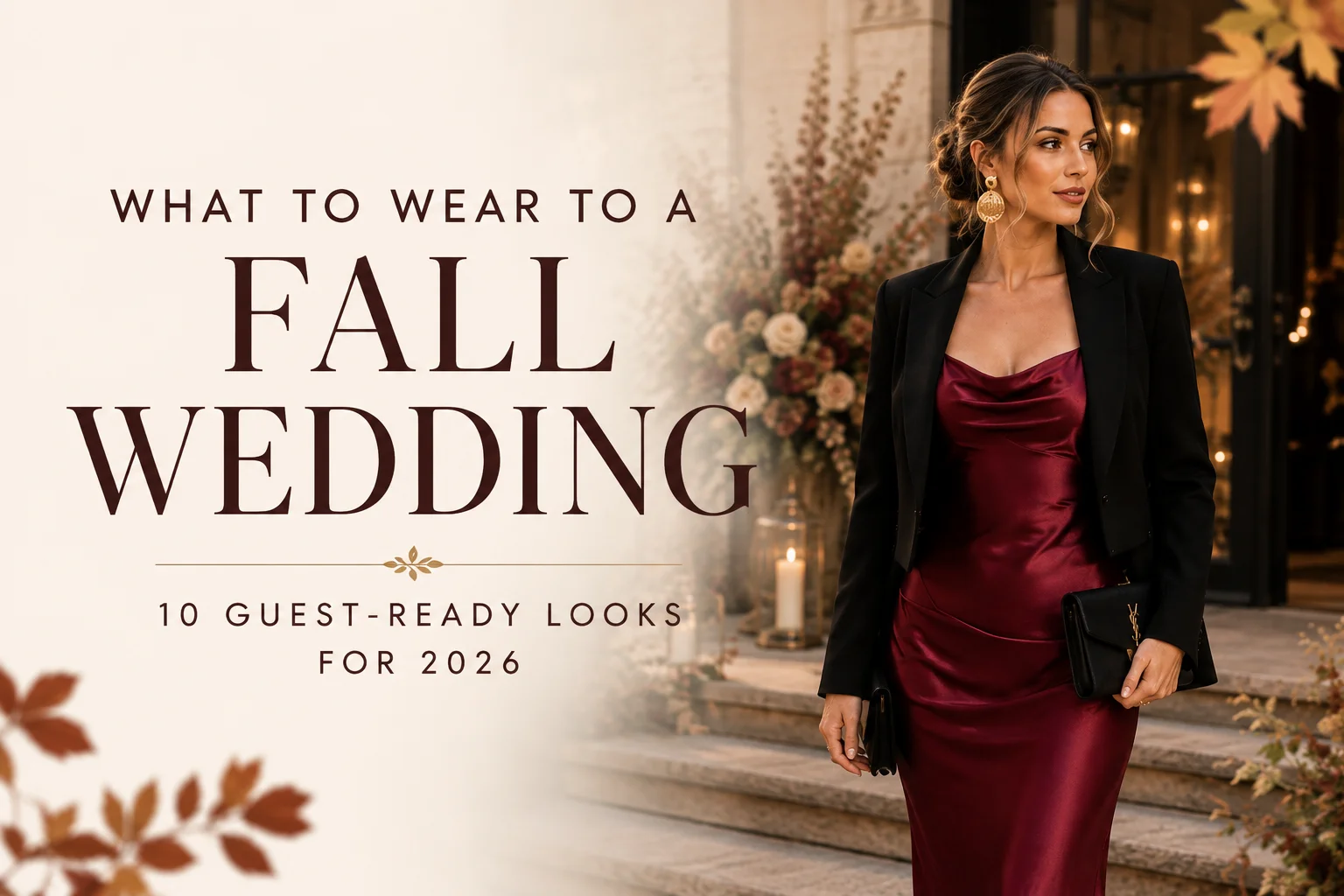 What to wear to a fall wedding in 2026 featuring an elegant burgundy satin wedding guest outfit