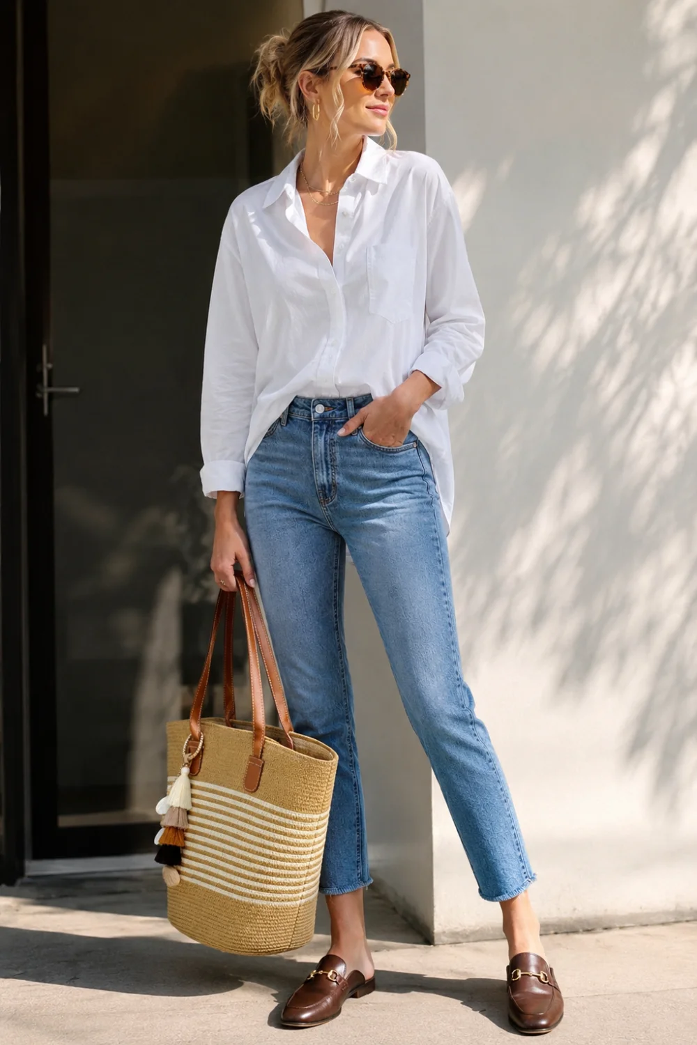 Straw tote bag with backless loafers, mismatched shoe and bag outfit