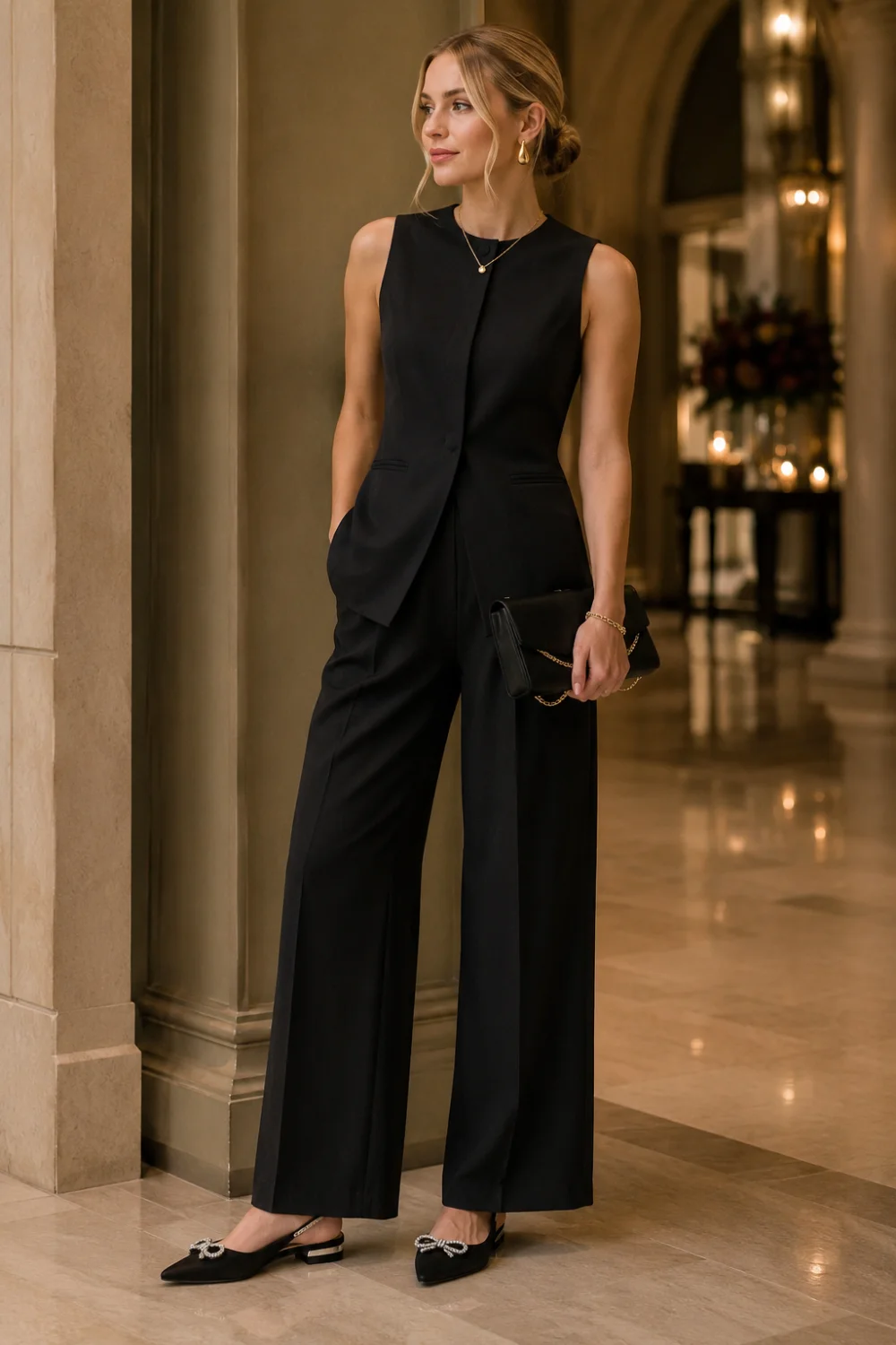 Black suit set with pointed toe slingback flats, formal outfit without heels