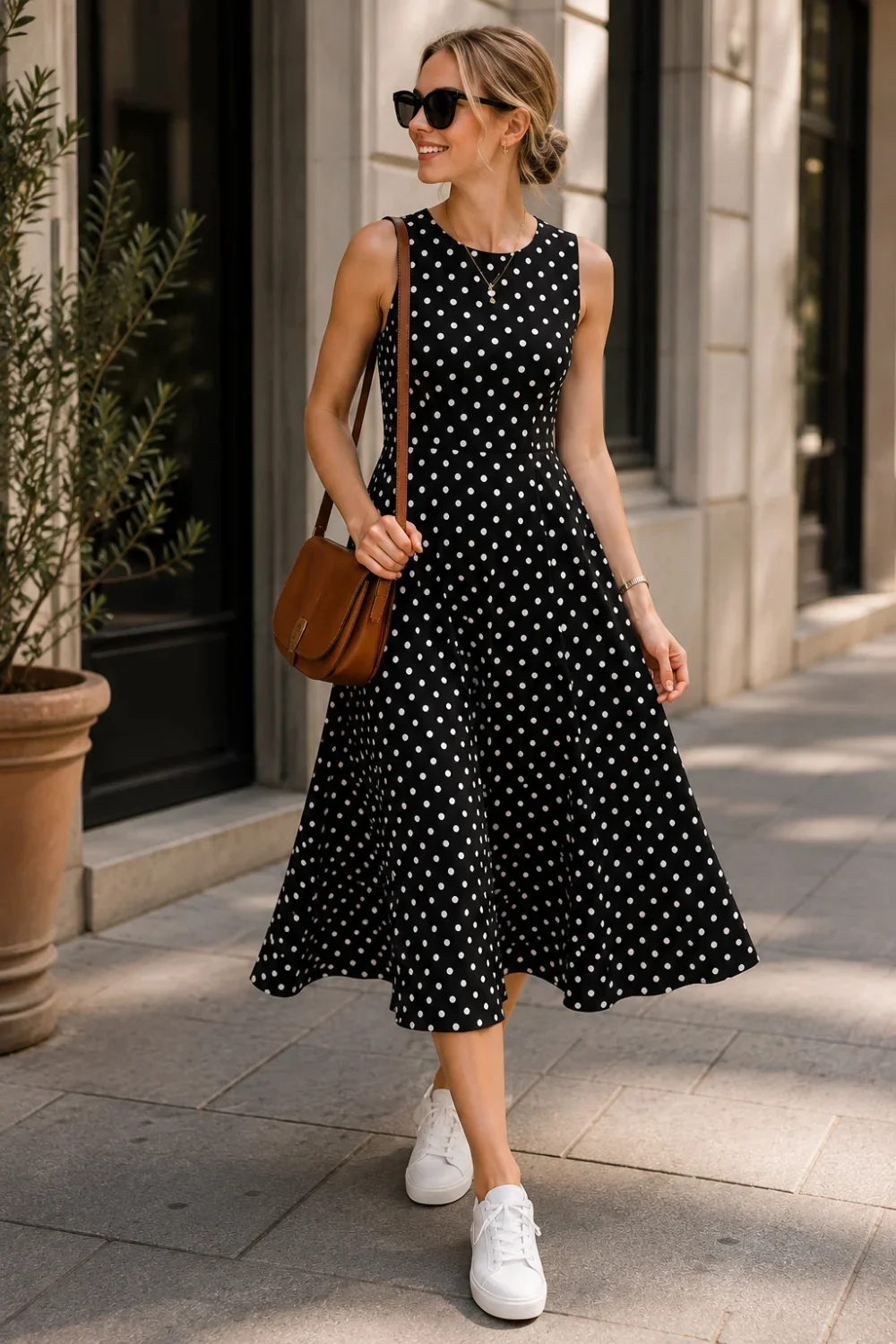 White sneakers with polka dot midi dress, casual 2026 outfit idea