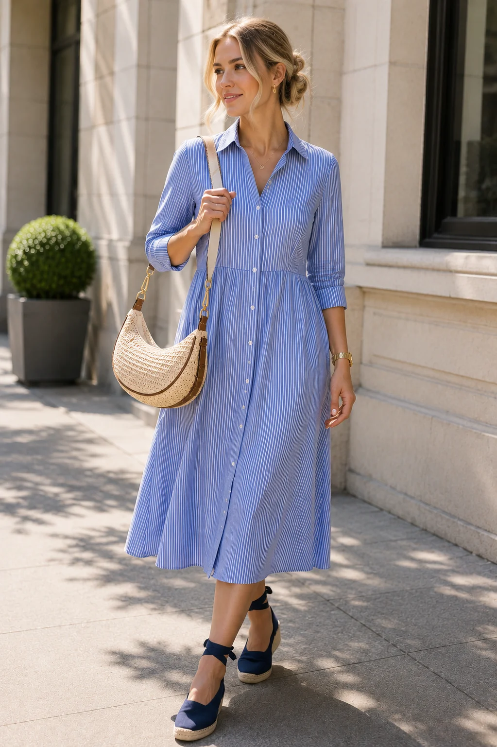 Blue and white striped shift dress with straw bag, 60s inspired outfit
