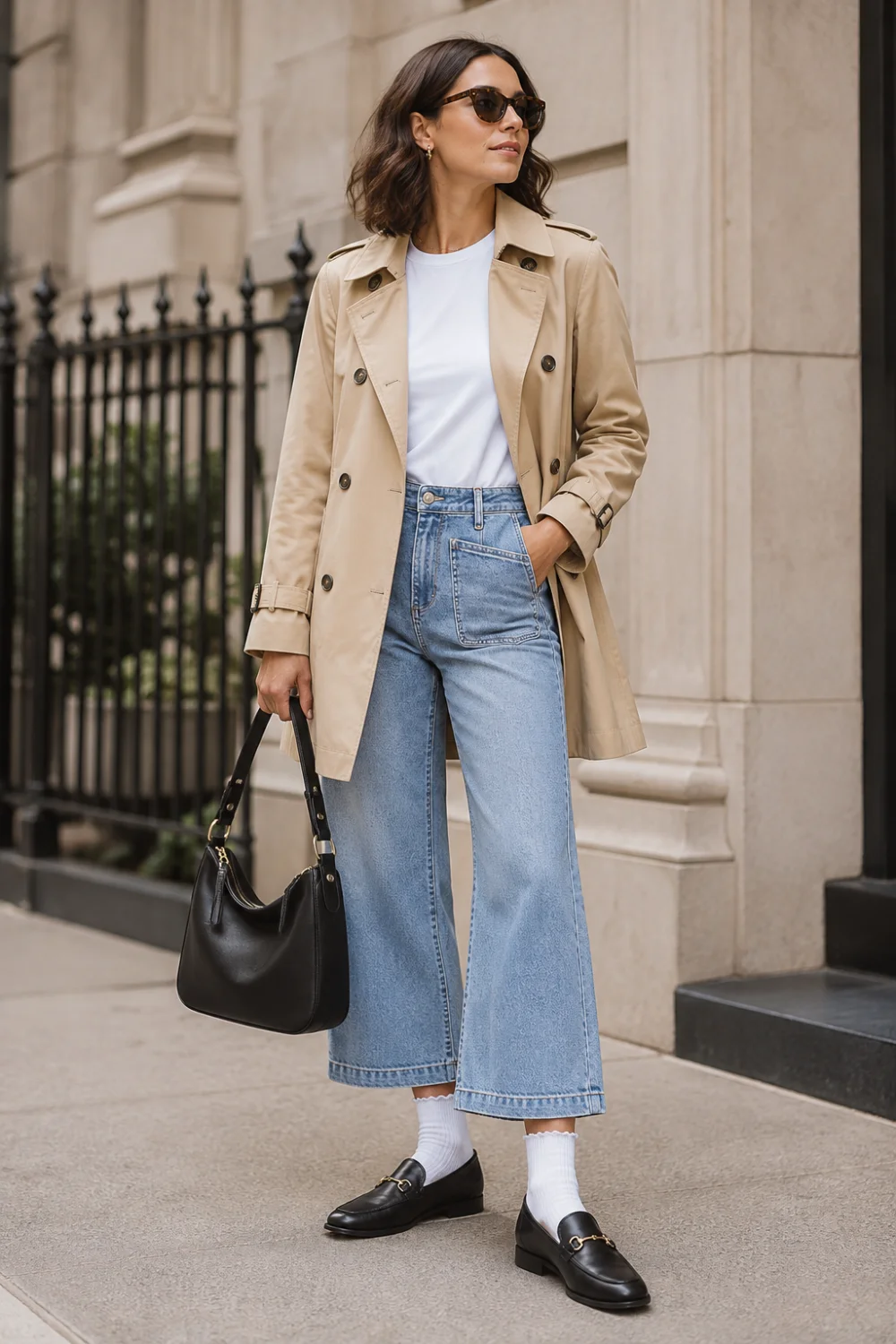 Lace trim socks with loafers and trenchcoat, fall layering outfit