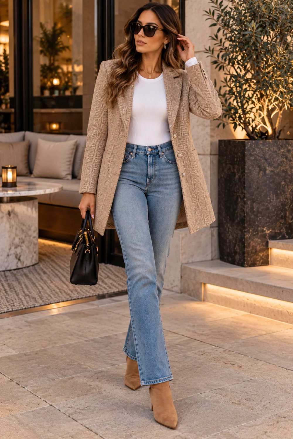 Woman in a camel blazer, white long-sleeve bodysuit, straight-leg jeans and tan suede ankle boots