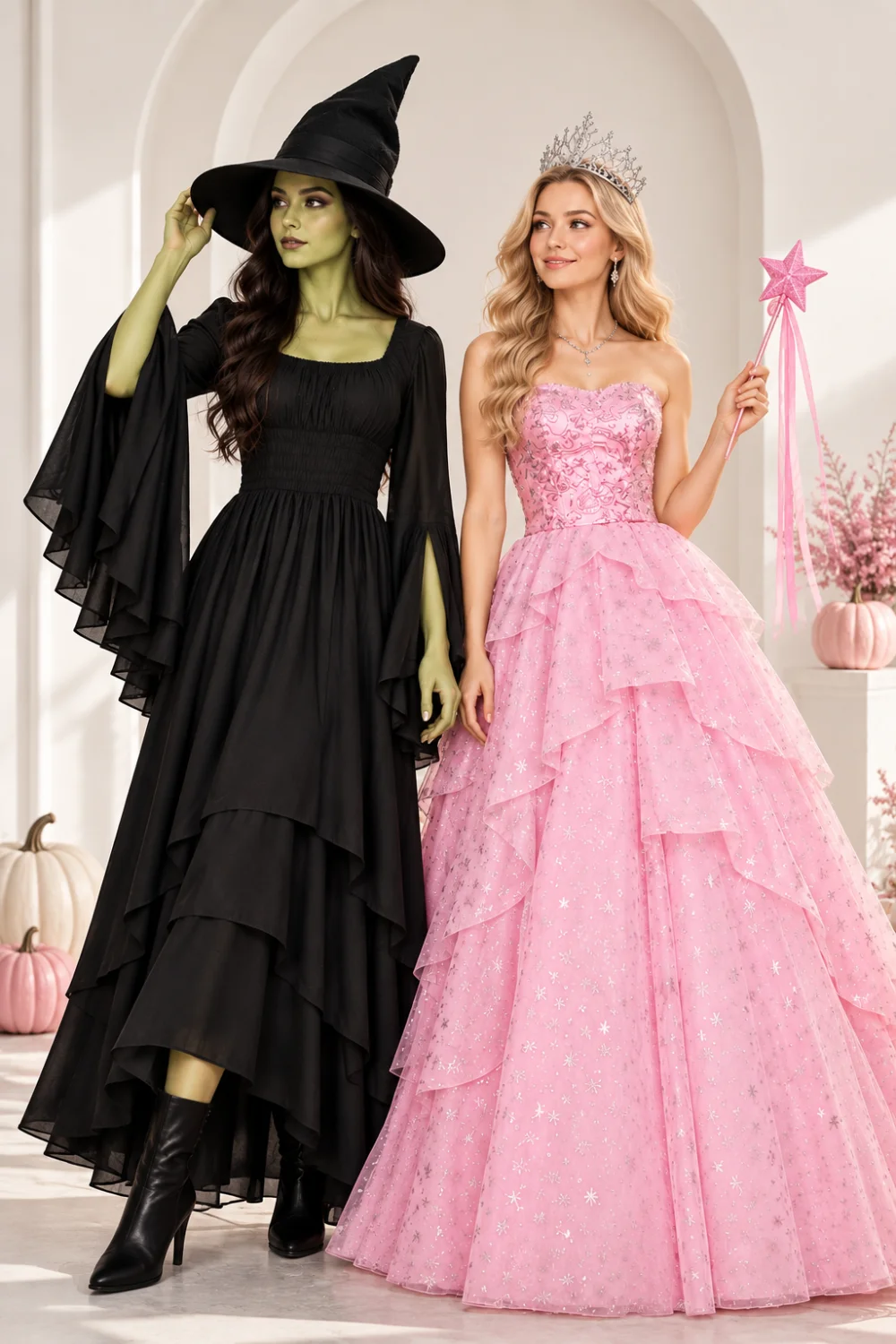 Two women in a Wicked-inspired costume duo — one in a black pointed-hat witch dress, one in a pink tulle ballgown with tiara