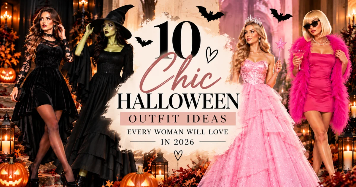 10 Stunning Halloween Outfit Ideas Every Woman Will Love in 2026 - cover image showing four Halloween costume looks for women: black velvet vampire dress, green witch costume, pink princess ballgown, and pink feather boa party dress
