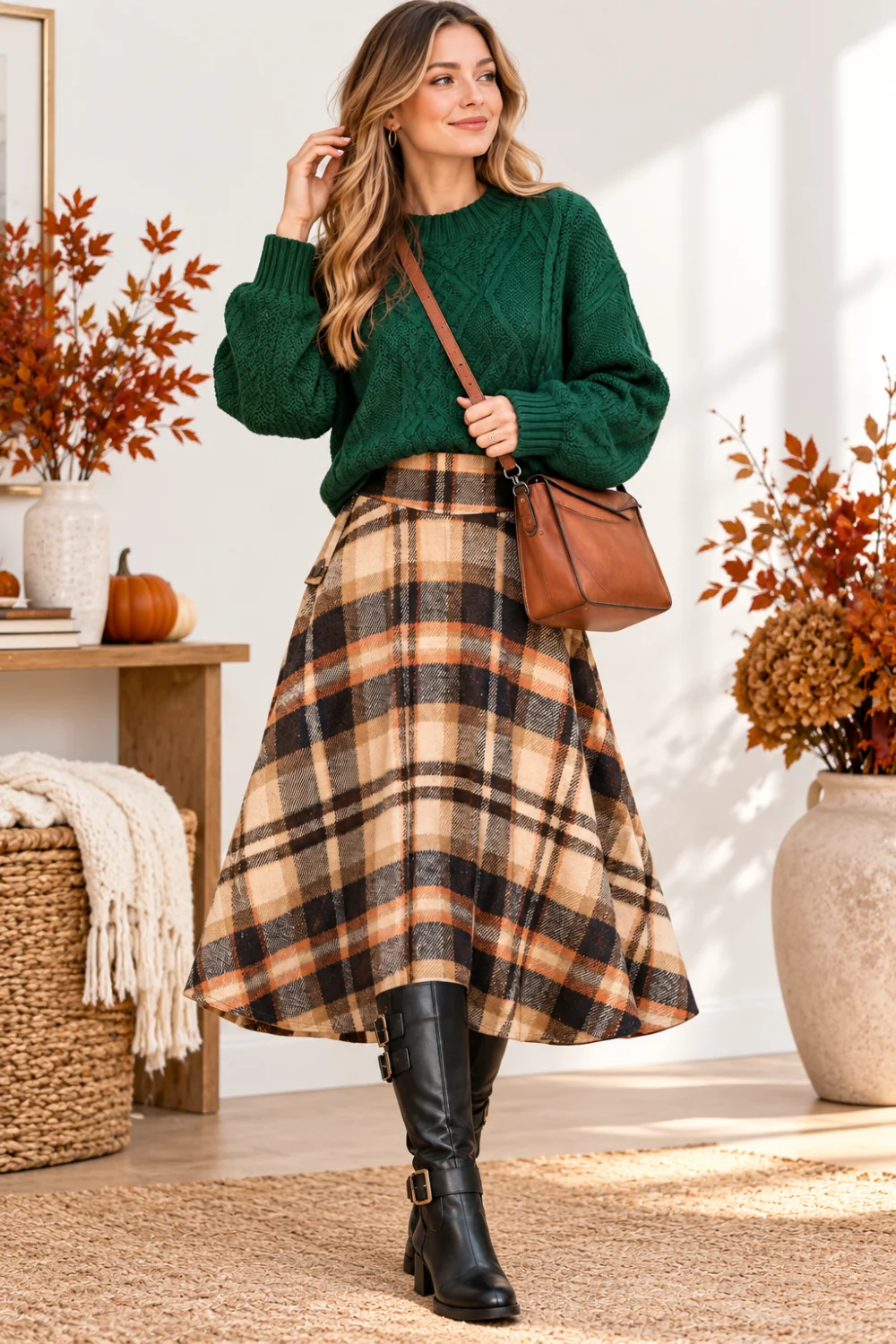 Woman in a green oversized sweater and tartan plaid midi skirt with black knee-high boots