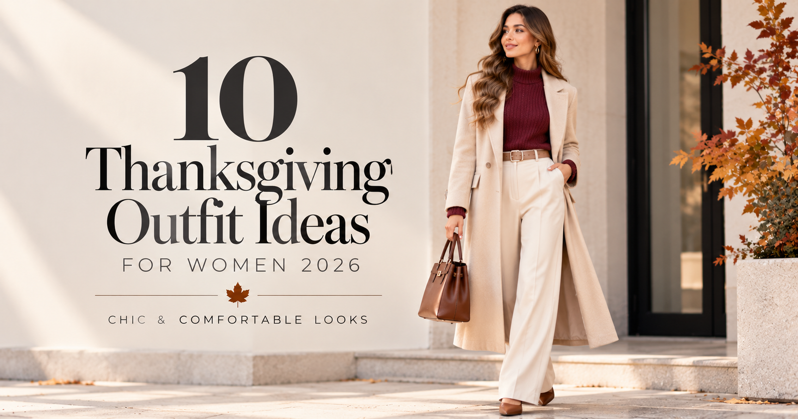 Thanksgiving outfit ideas for women — cream sweater and wide-leg trousers look