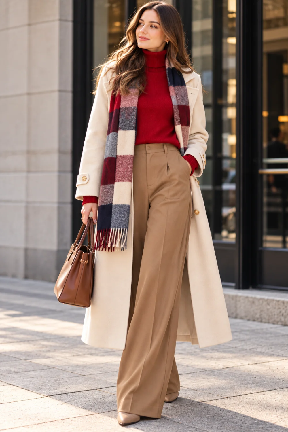 Woman in a cream trench coat, red sweater, and plaid scarf with tan wide-leg pants