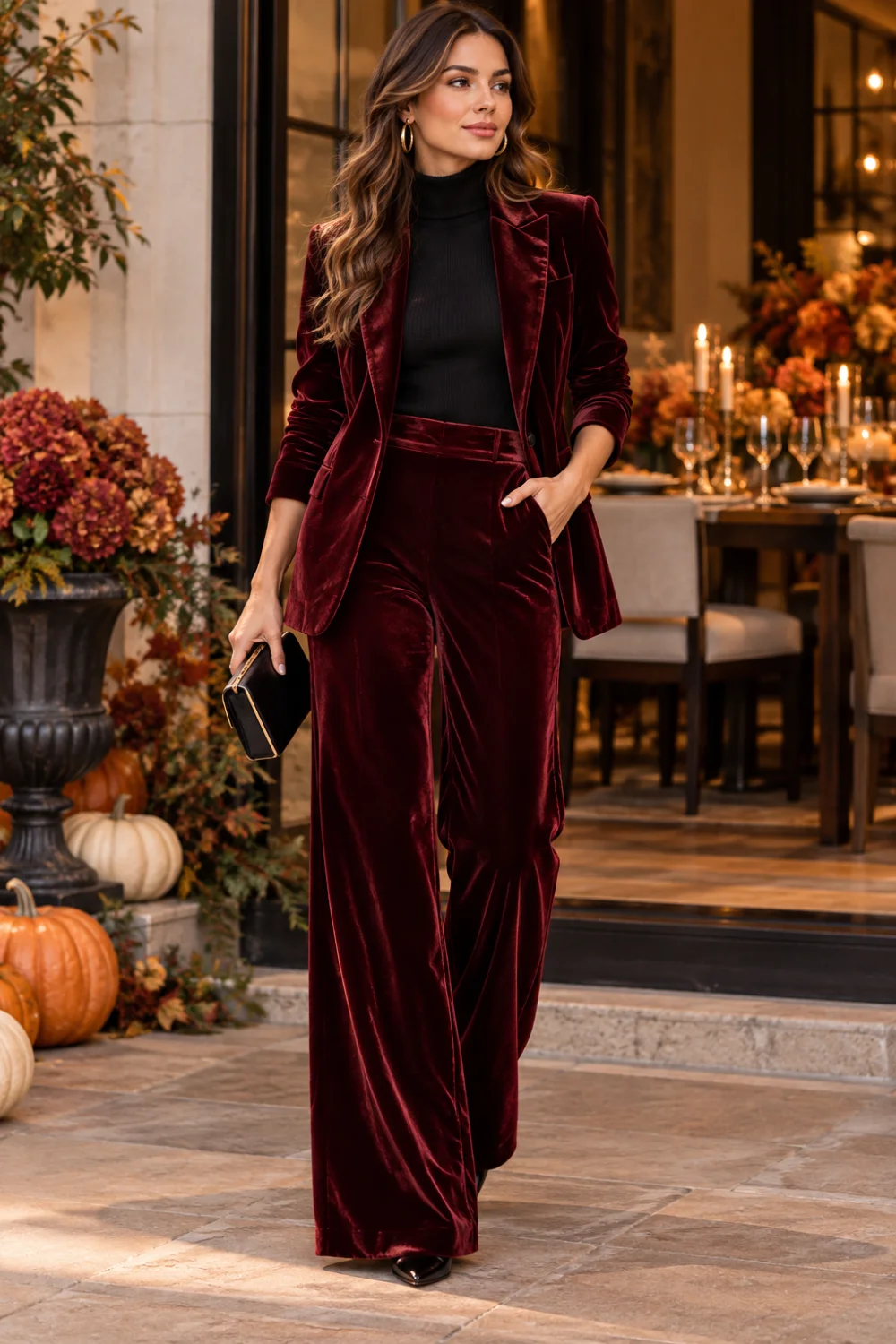 Woman in a burgundy velvet blazer and wide-leg velvet trousers over a black turtleneck