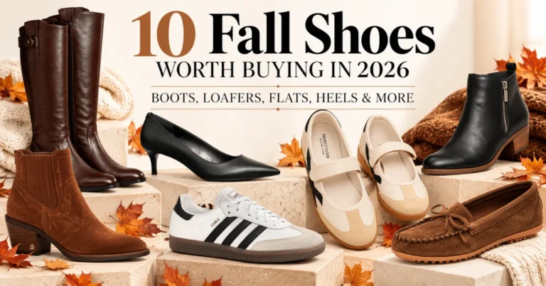 Fall shoes including brown ankle boots, knee-high boots, and neutral sneakers arranged in a stylish autumn footwear collage.