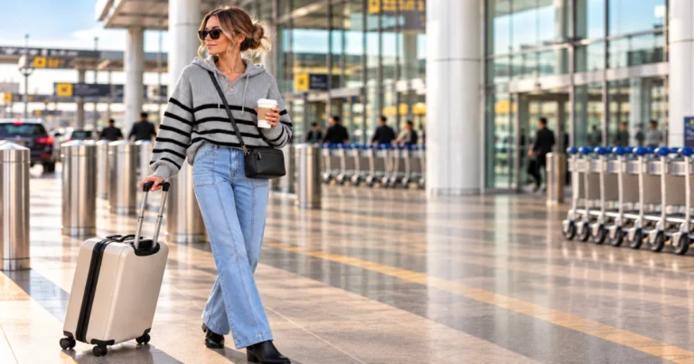sweater trends 2026 chunky striped half-zip sweater travel outfit