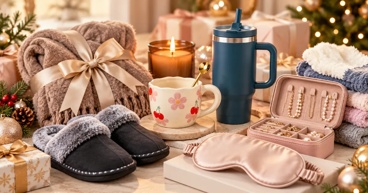 Cozy gift ideas for mom in 2026, including slippers, candles, a tumbler, a handbag, and thoughtful gifts for everyday comfort.