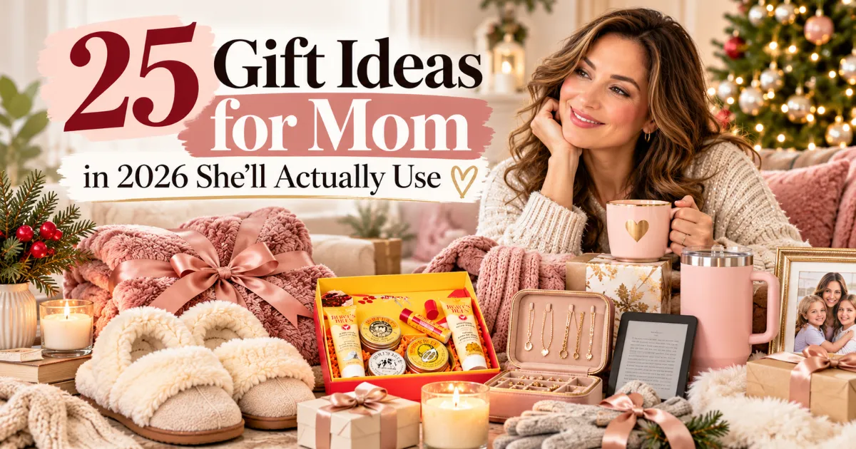Featured image for 25 gift ideas for mom in 2026, featuring a woman in a cozy setting with thoughtful gifts, including a blanket, slippers, candles, jewelry, and a handbag.