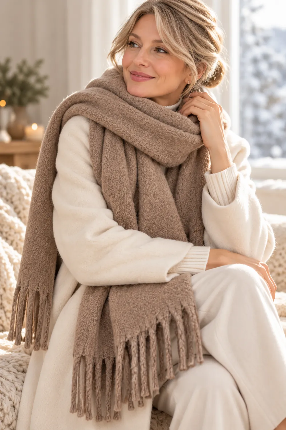 Woman wearing a chunky taupe knit scarf over a cream sweater for a cozy winter look.