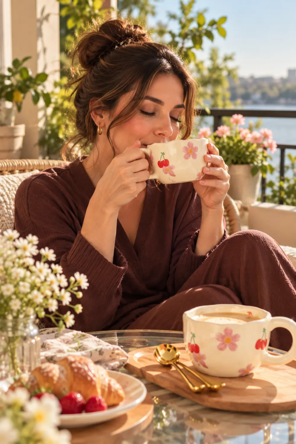Woman enjoying a warm drink from a floral ceramic mug on a sunny balcony with flowers and breakfast treats nearby.