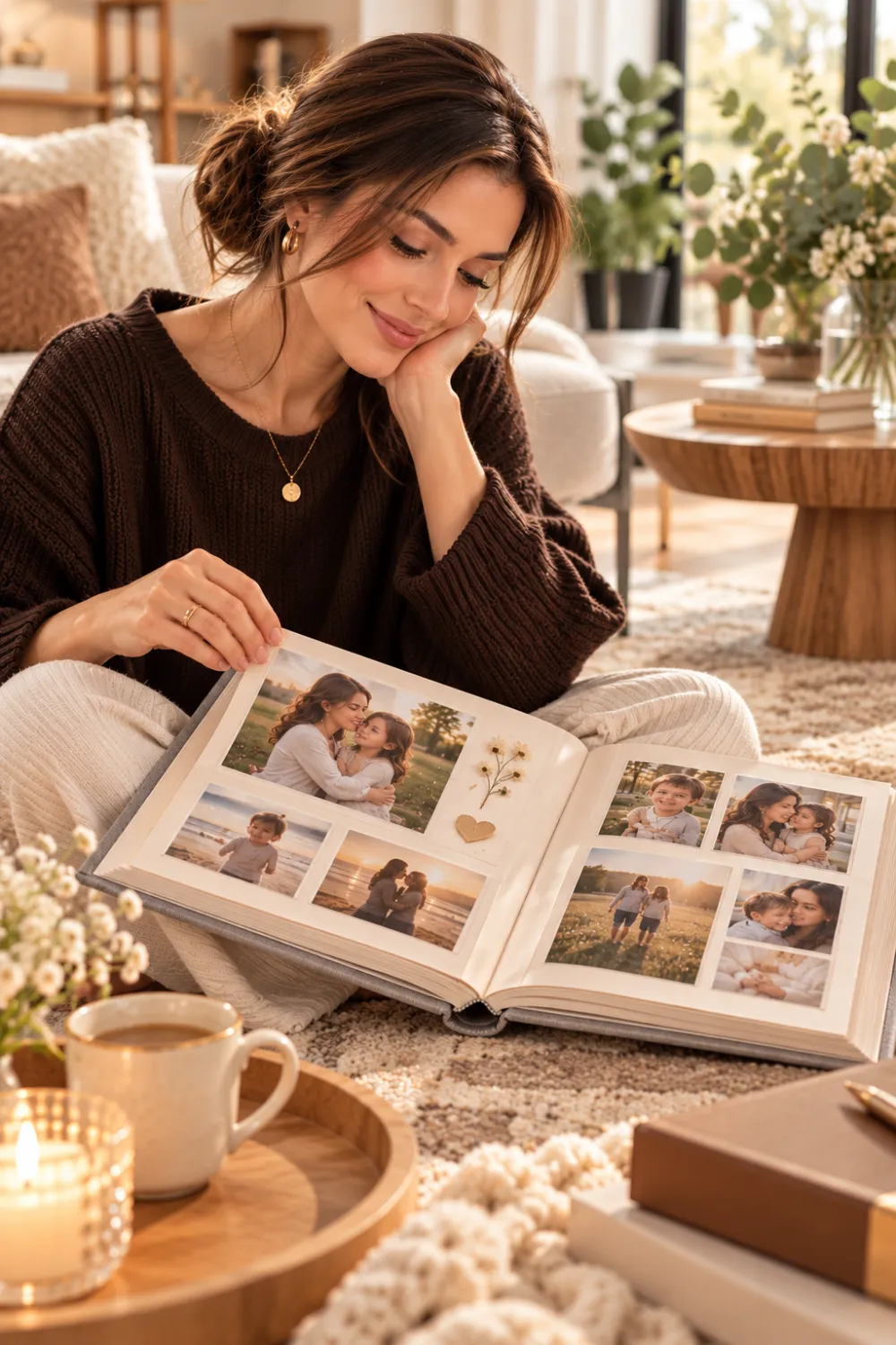 Woman looking through a personalized family photo album filled with cherished memories while relaxing in a cozy living room.