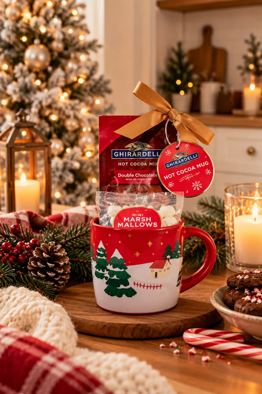 hot chocolate gift set with a red winter mug, cocoa mix and marshmallows beside a Christmas tree Shop card: Hot Chocolate Gift Set