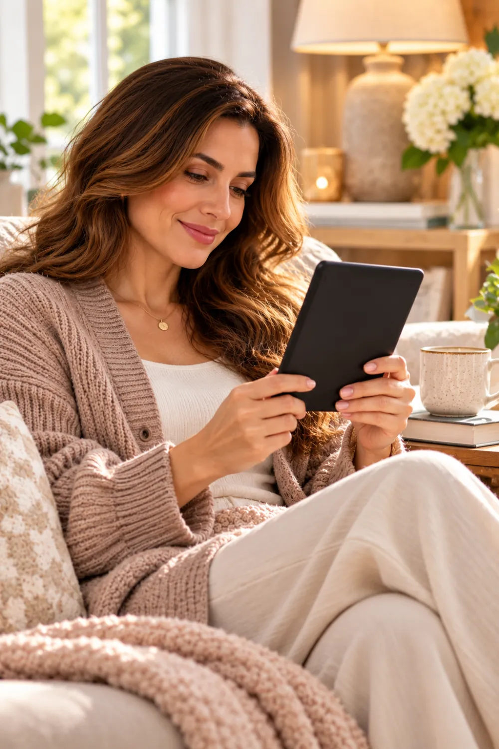 Woman reading an e-book on a black Kindle Paperwhite e-reader while relaxing on a sofa in a cozy living room.