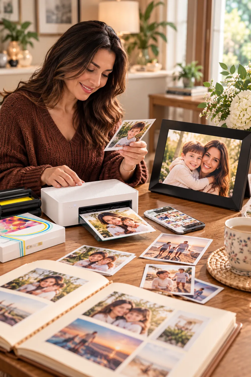 Woman arranging printed family photos beside a mini photo printer, photo album, and digital picture frame displaying a family photograph.