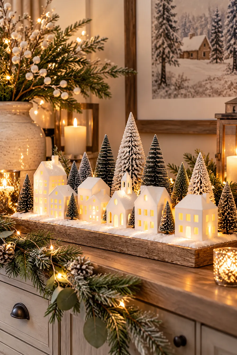 white light-up village houses with frosted mini trees glowing on a wood shelf Shop card: Village Sets of Houses & Trees
