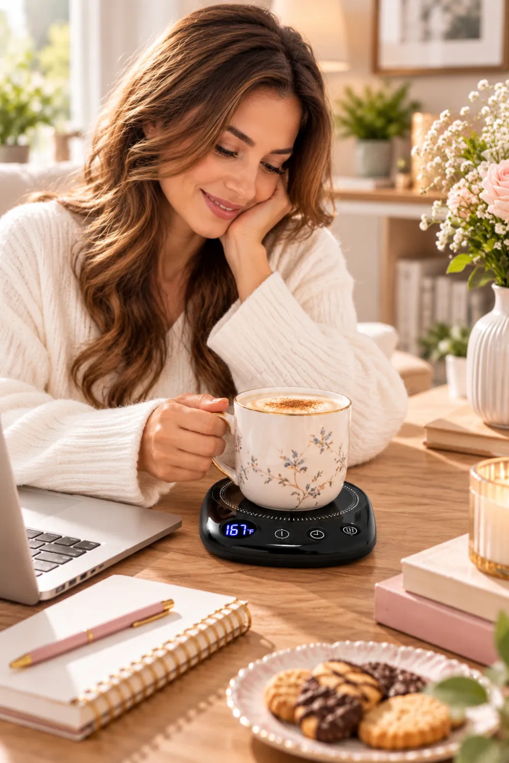 Woman holding a ceramic coffee mug on a black electric mug warmer with a digital temperature display on her desk.