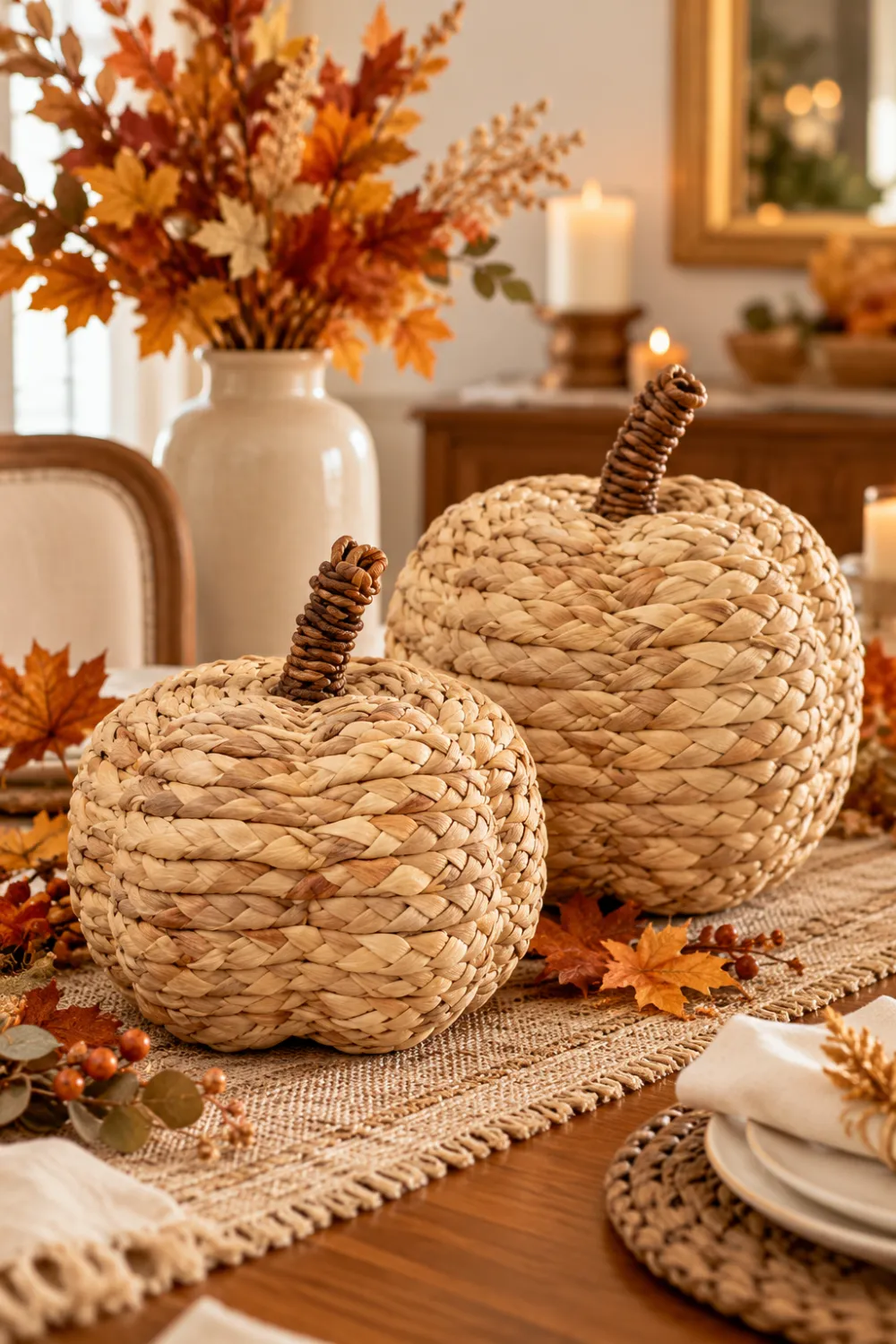 two natural woven pumpkins on a Thanksgiving dining table with autumn leaves and candles Shop card: Woven Wicker Pumpkins