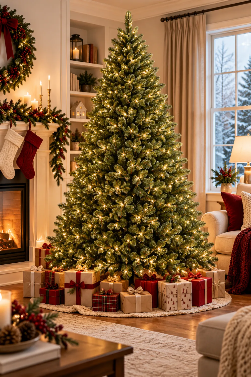 7-foot pre-lit artificial Christmas tree with warm white lights and wrapped gifts in a living room Shop card: Prelit Artificial Christmas Tree