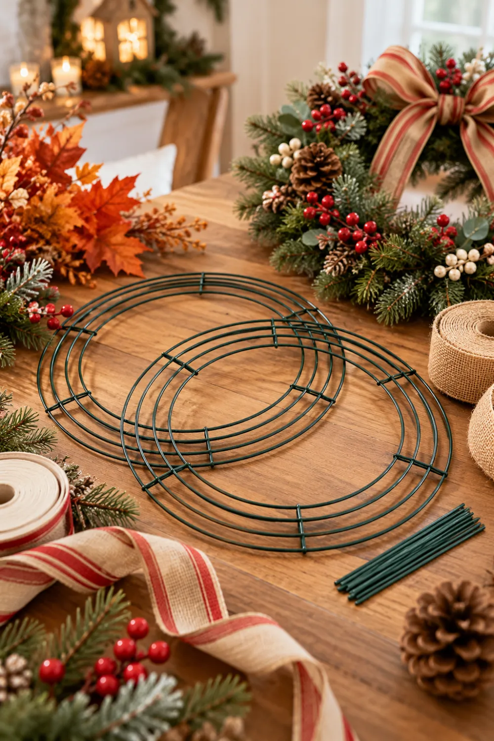 two green wire wreath frames with evergreen branches, pinecones and ribbon for DIY Christmas decor Shop card: 14 Inches Wire Wreath Frame