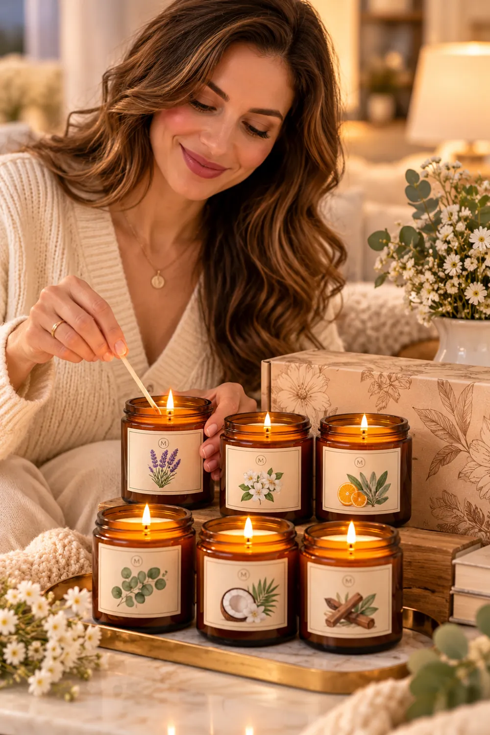 Woman lighting a scented candle from a gift set of six decorative candles arranged on a tray in a cozy living room.