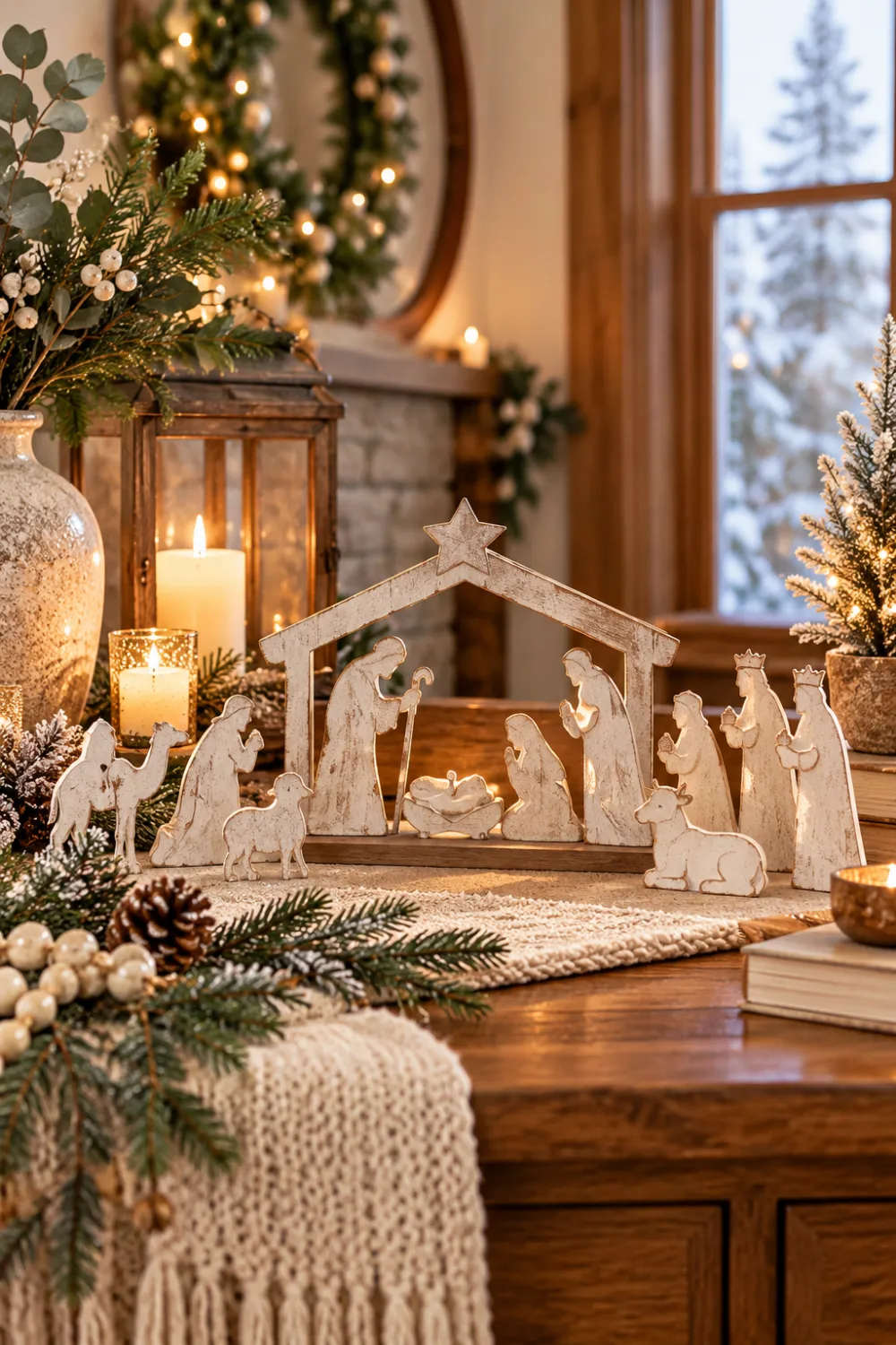 white wood tabletop nativity set with a star on the stable roof beside candles and greenery Shop card: Nativity Miniature Tabletop