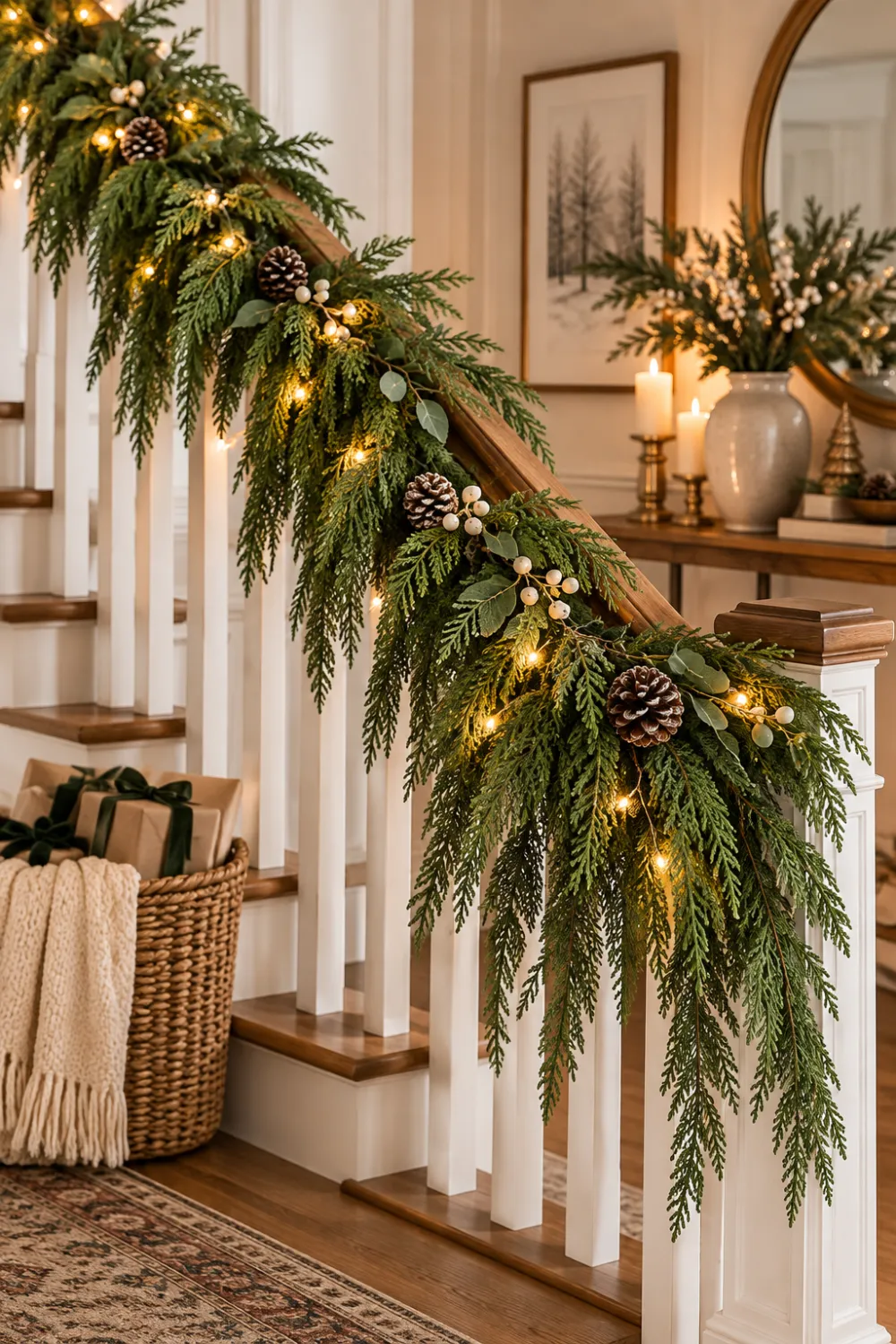 full real touch cedar-style garland with pinecones draped over a staircase banister Shop card: Real Touch Garland