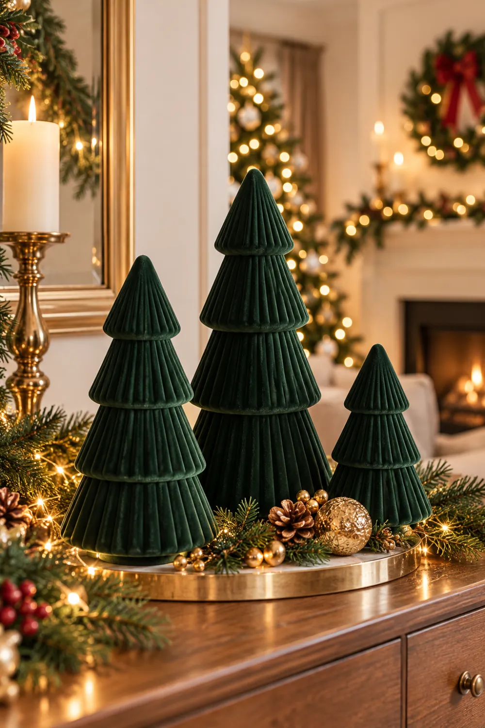 set of three forest green velvet tabletop Christmas trees on a mantel with gold ornaments and pinecones Shop card: Velvet Ceramic Christmas Trees