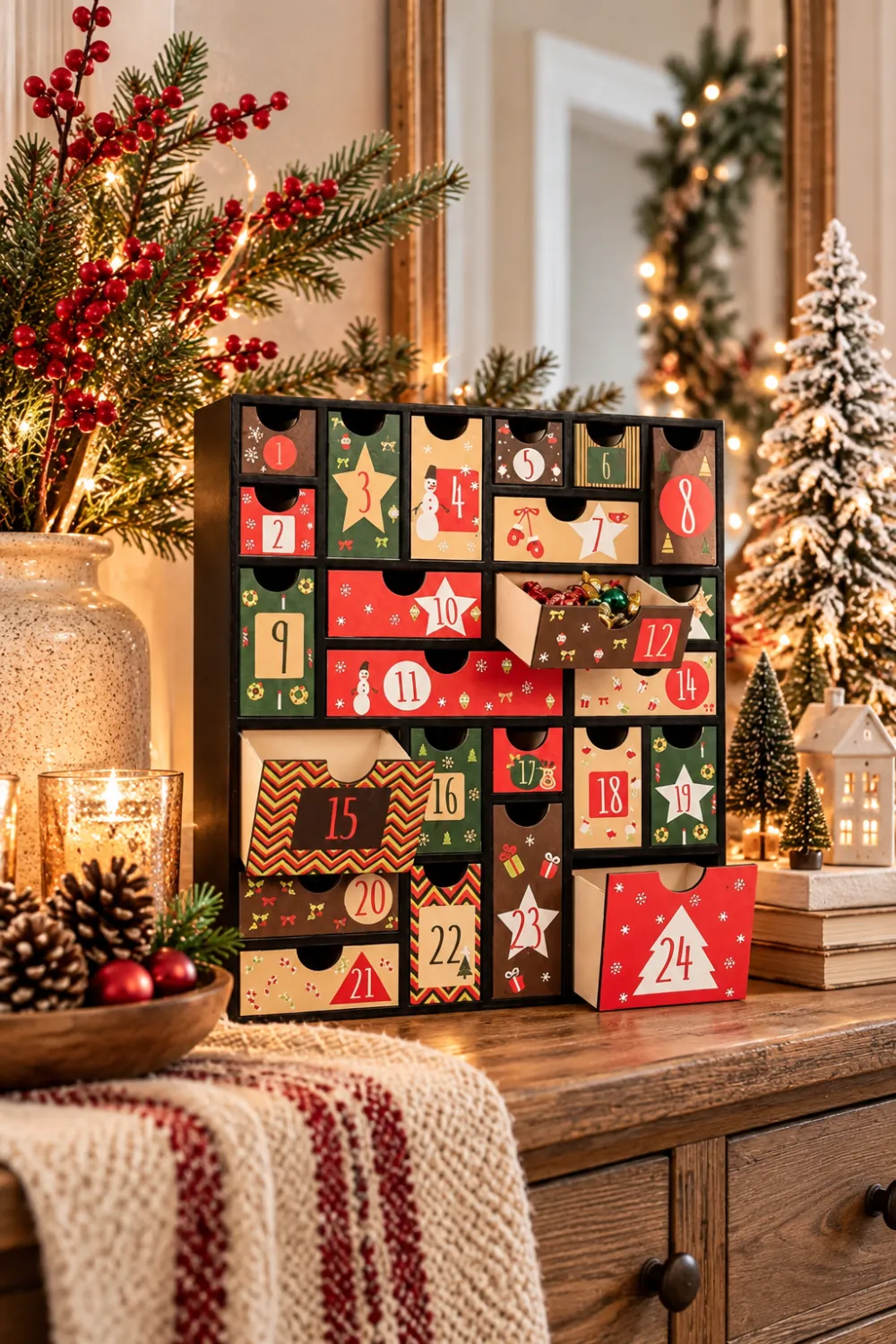 wooden advent calendar with 24 numbered drawers in red, green and kraft on a console table Shop card: Wooden Advent Calendar