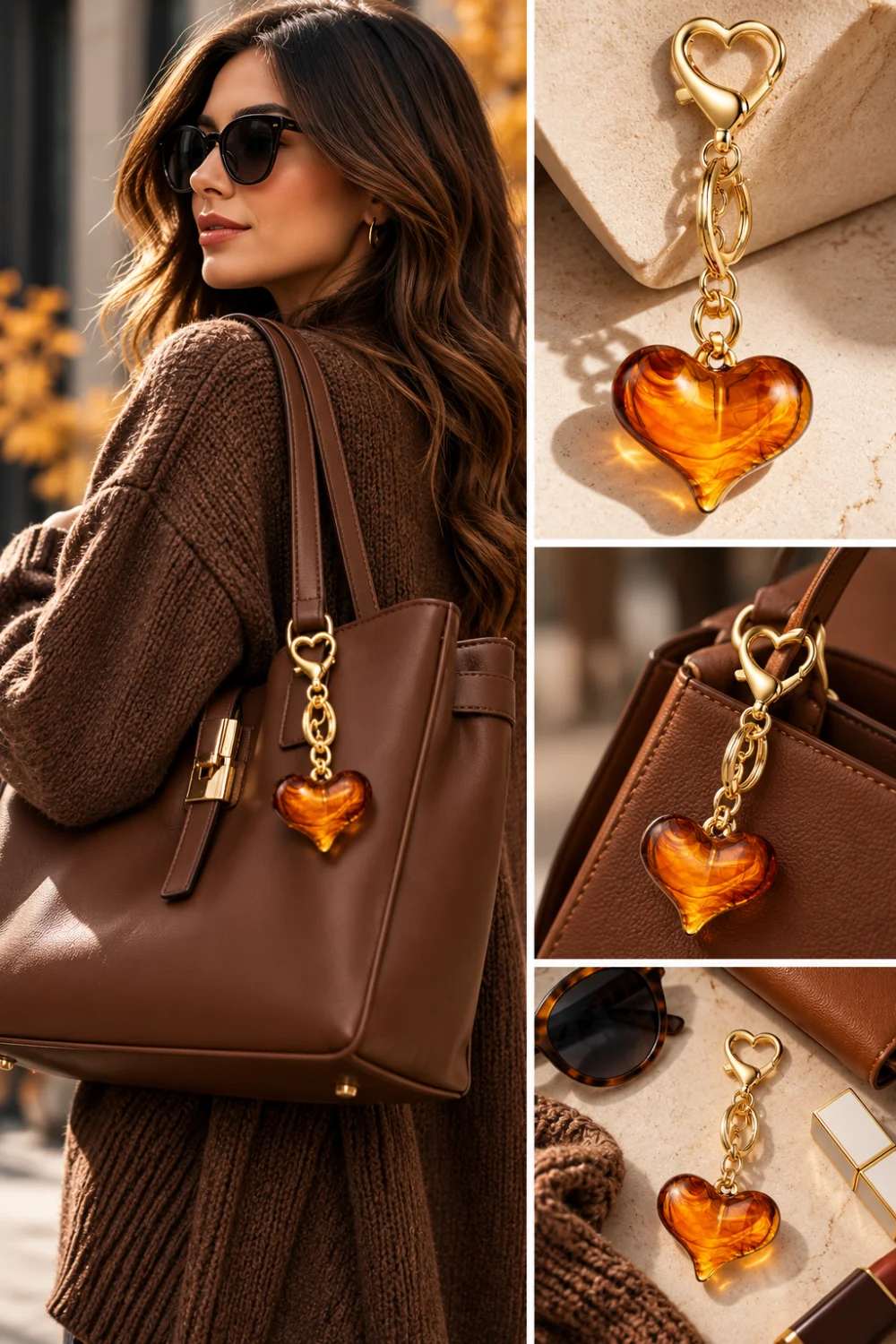 Woman carrying a brown handbag decorated with a warm amber heart bag charm