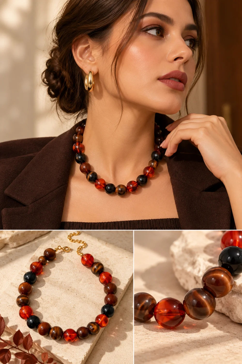 Moody autumn beaded necklace in brown, amber, and black tones