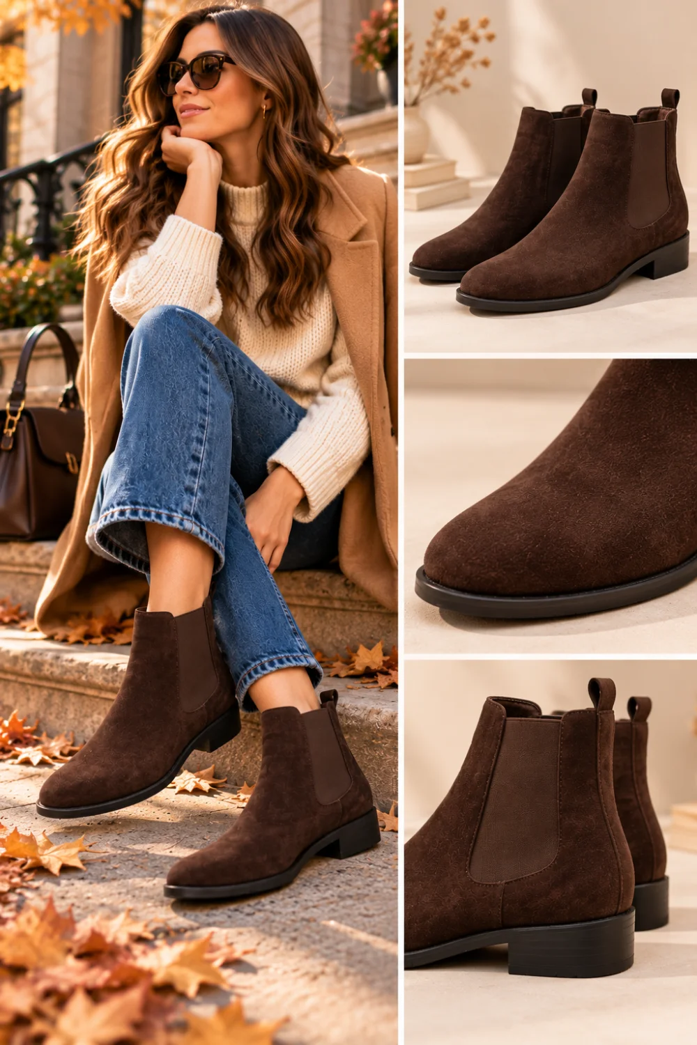 Woman in camel coat and jeans wearing dark brown suede Chelsea boots, one of the best fall shoes 2026 styles