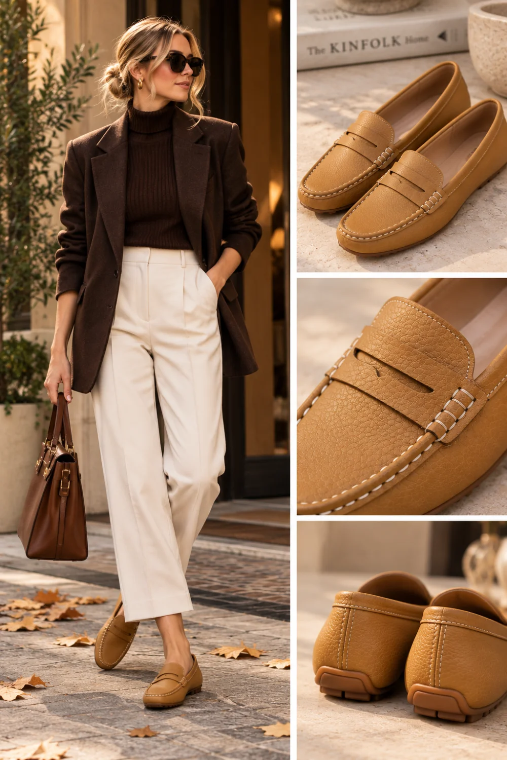 Woman in cream trousers and brown blazer wearing camel suede penny loafers, with close-up product shots