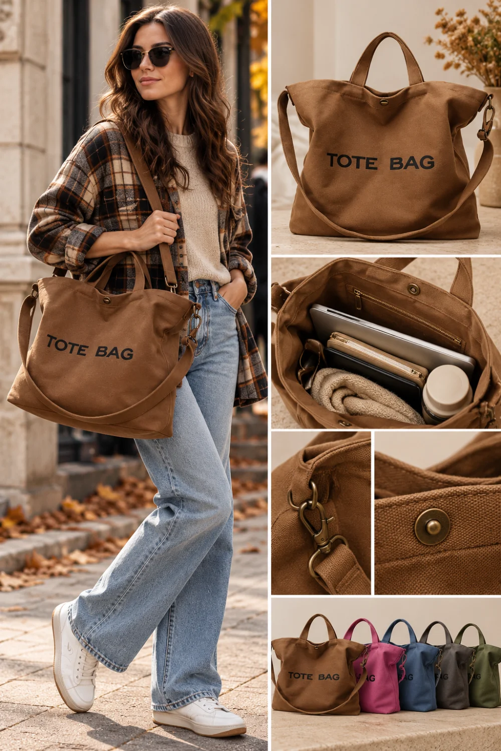 Woman carrying a brown canvas tote with a plaid fall outfit