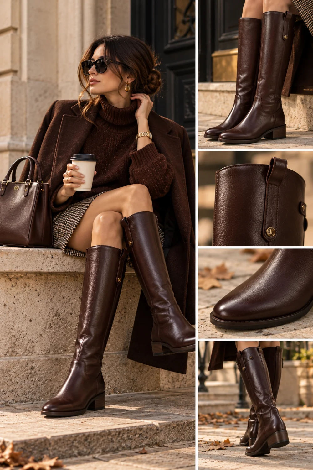 Woman in brown coat and sweater with a tweed skirt wearing chocolate brown leather knee-high boots with a low block heel