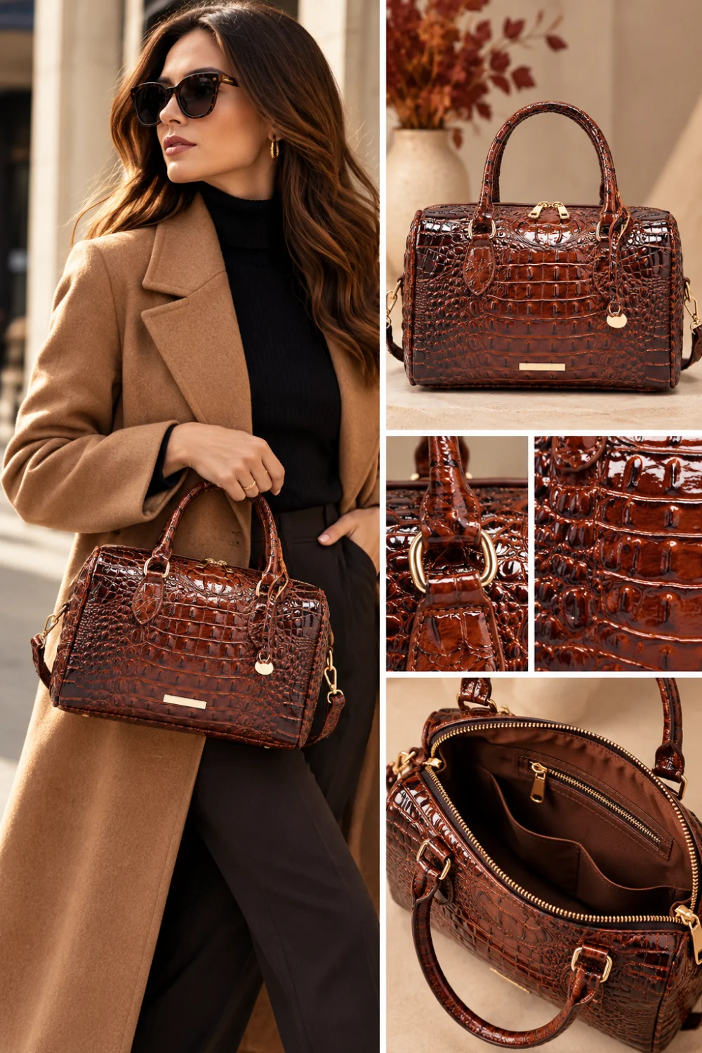 Woman carrying a glossy brown croc-embossed handbag with a camel coat