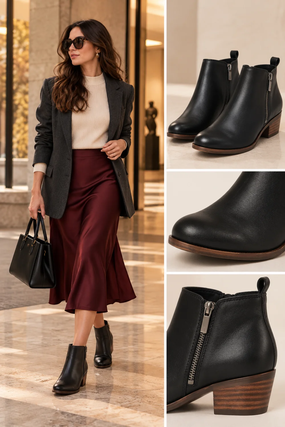 Woman in black blazer and burgundy satin midi skirt wearing black leather block-heel ankle boots with a side zipper
