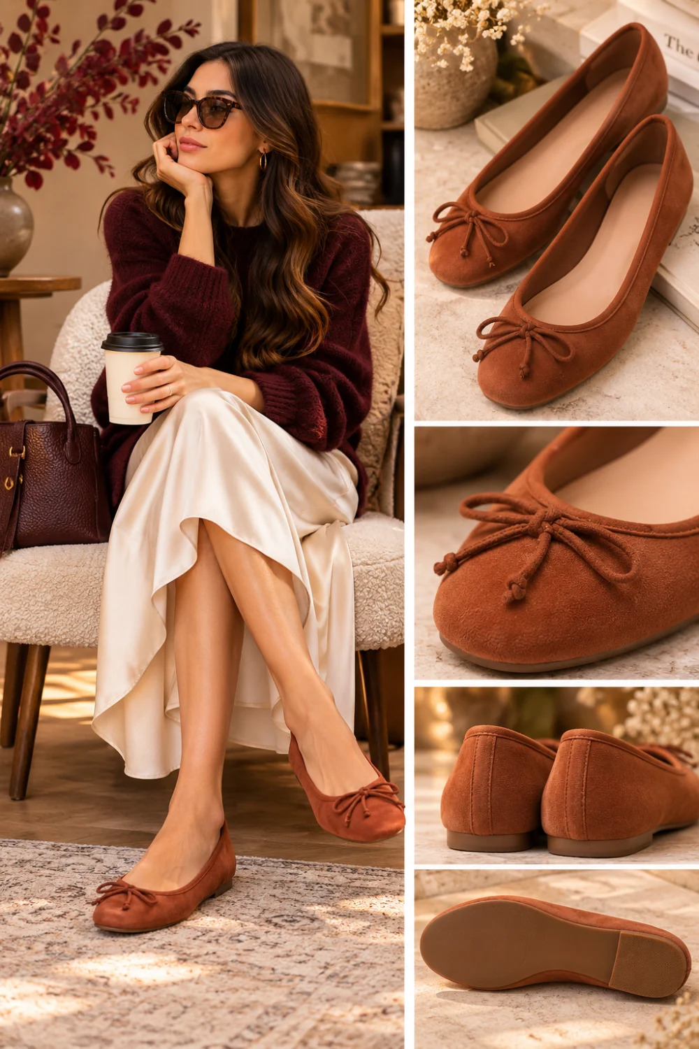 Woman in burgundy sweater and cream satin skirt wearing rust brown suede ballet flats with a bow