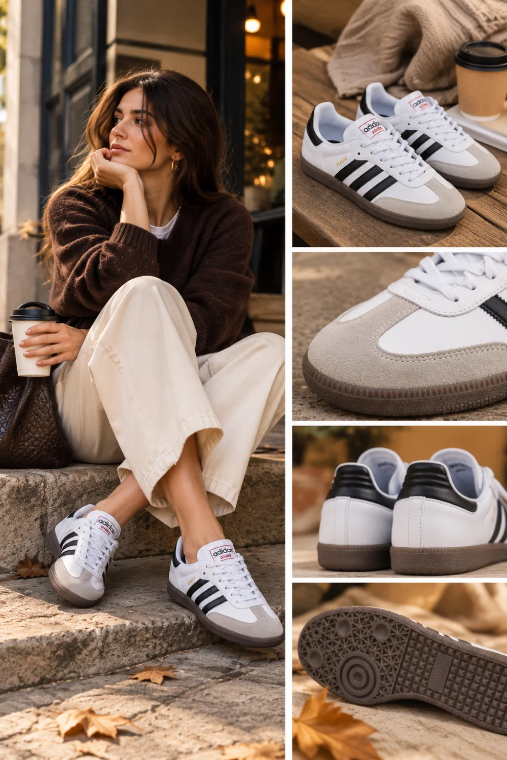 Woman in brown sweater and cream trousers wearing white, gray, and black low-profile suede sneakers with gum soles