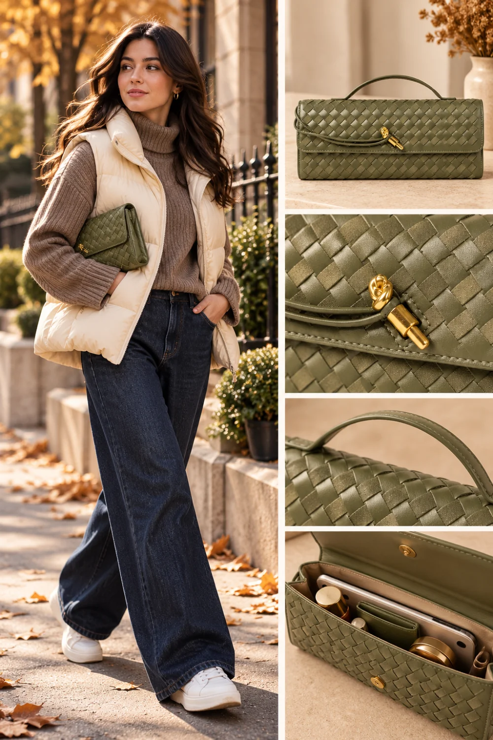 Woman carrying an olive woven flat bag with wide-leg jeans and a quilted vest