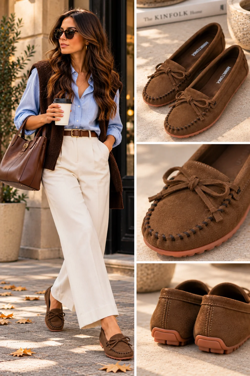 Woman in light blue shirt, brown vest, and cream trousers wearing brown suede moccasin loafers with bow detail
