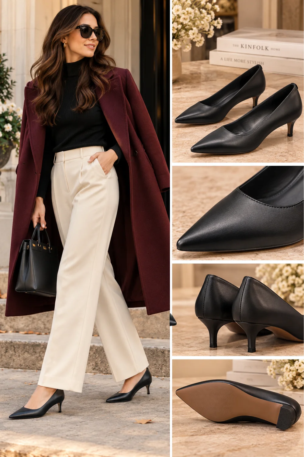 Woman in black turtleneck, cream trousers, and burgundy coat wearing black leather pointed-toe kitten heel pumps