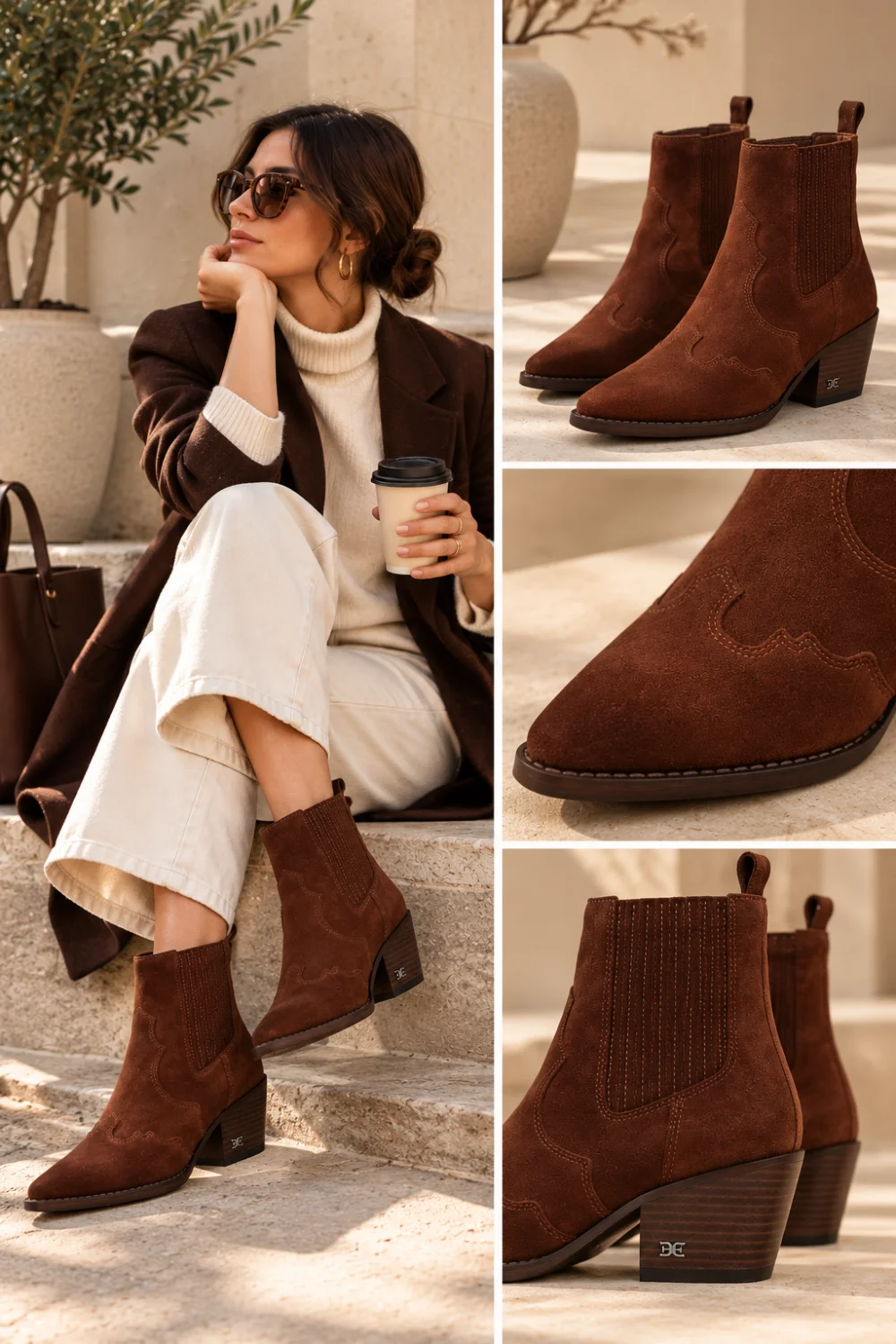 Woman in cream trousers and brown blazer wearing brown suede Western ankle boots with a stacked heel, plus close-up details