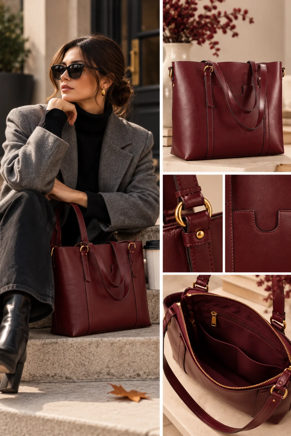 Woman carrying a wine leather tote with a gray fall coat
