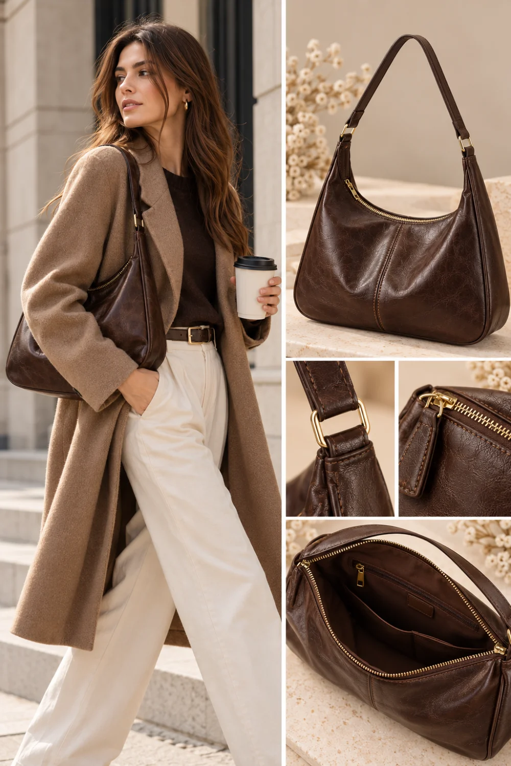 Woman wearing a brown slouchy hobo bag with a cozy fall outfit