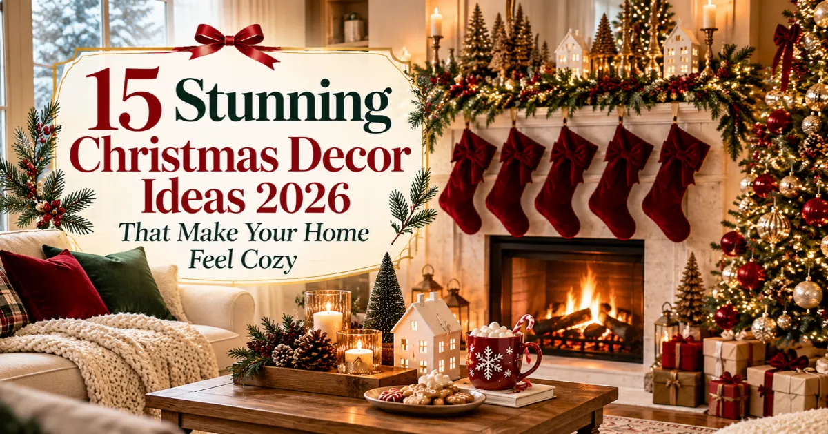 Christmas decor ideas 2026 featuring a cozy living room with a decorated Christmas tree, festive fireplace mantel, red stockings, warm lights, and holiday decorations.